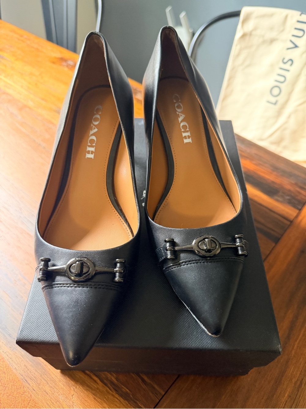 Coach Black Pointed Leather Heels with Signature Buckle